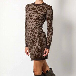 Fendi brand brown fabric printed checkered knitted long-sleeved dress
